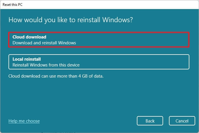 Clean install Windows 11 using Reset this PC Cloud download