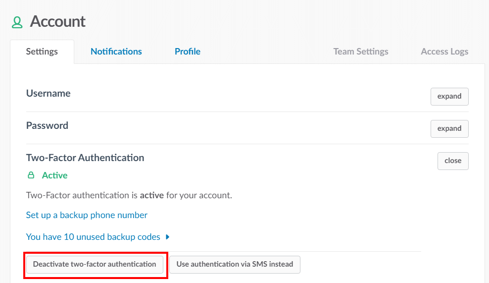 disable two-factor authentication in Slack