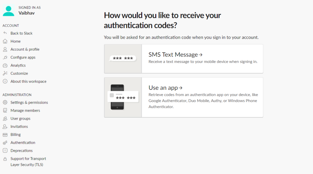 two-factor authentication in Slack