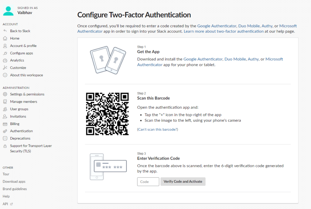 two-factor authentication in Slack