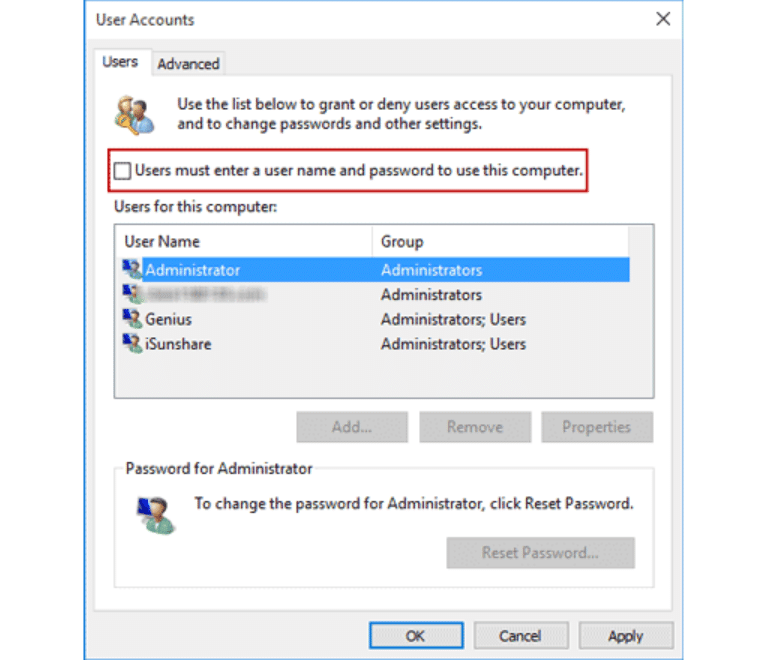 Disable username and password in User Account Settings