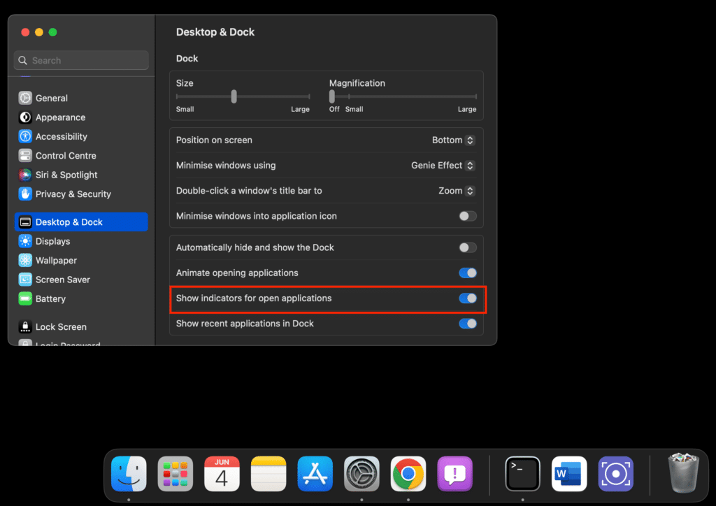 Displaying Indicators for Open Apps on Dock