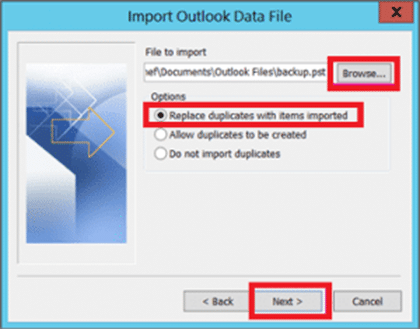 Select the Outlook data file (.pst) and browse to the location of the backup PST file. Click Next.