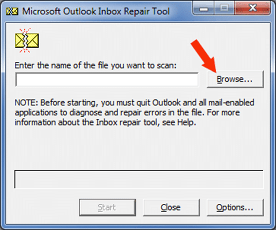 In the Inbox Repair tool, enter the path and PST file name or click Browse to locate the PST file. Click Start.